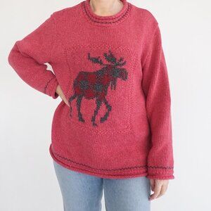 Vintage Parkhurst Weekend Maroon Knit w Grey Moose Crewneck Sweater Xl Nwt